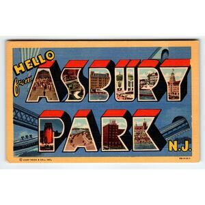 Vintage Hello Greetings from Asbury Park NJ Large Letter Linen Postcard CT